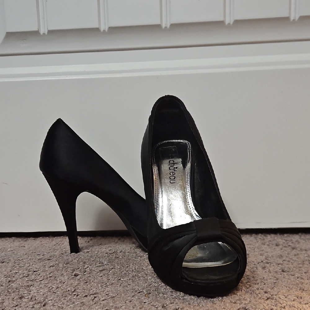 Le Chateau Black Satin Peep Toe Stilettos